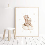 Watercolor beige brown teddy bear with bunny poster for gender neutral nursery decor, girls room decor, boys room decor, toddler room decor.