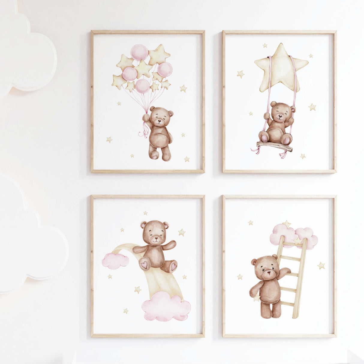 Set of 4 watercolor teddy bear print in pink, brown, yellow colors for baby girls room decor and white nursery decor.