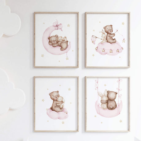 Set of 4 watercolor teddy bear with bunny on the cloud and moon print in light pink, brown and yellow colors for pastel baby girls room decor.