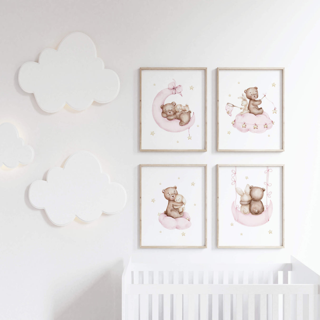 Set of 4 watercolor teddy bear with bunny on the cloud and moon poster in light pink, brown and yellow colors for pastel baby girls room decor.