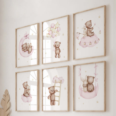 Set of 6 watercolor teddy bear with bunny on the cloud and moon print in light pink, brown and yellow colors for pastel baby girls room decor.