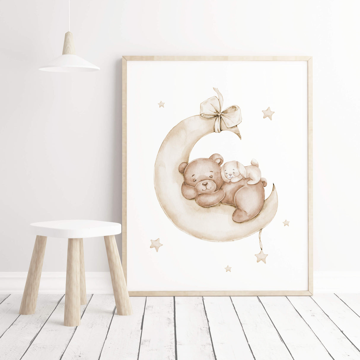 Watercolor beige teddy bear with bunny print on the moon for gender neutral nursery decor.