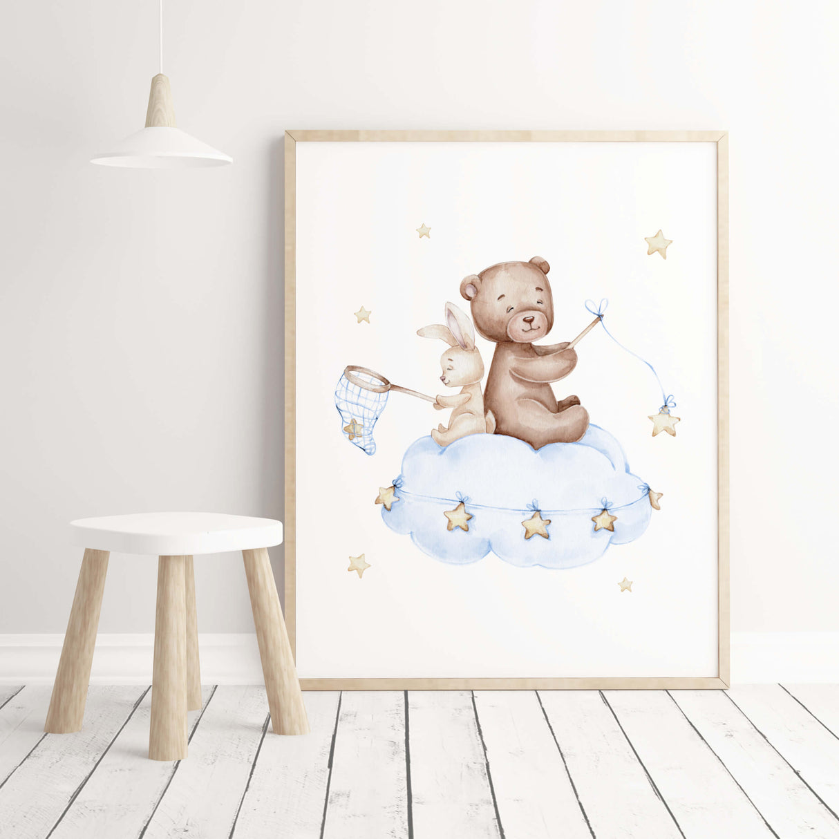 Watercolor teddy bear on the cloud printable in light blue, brown, yellow colors for toddler room decor,  gender neutral room decor, baby boys room decor.