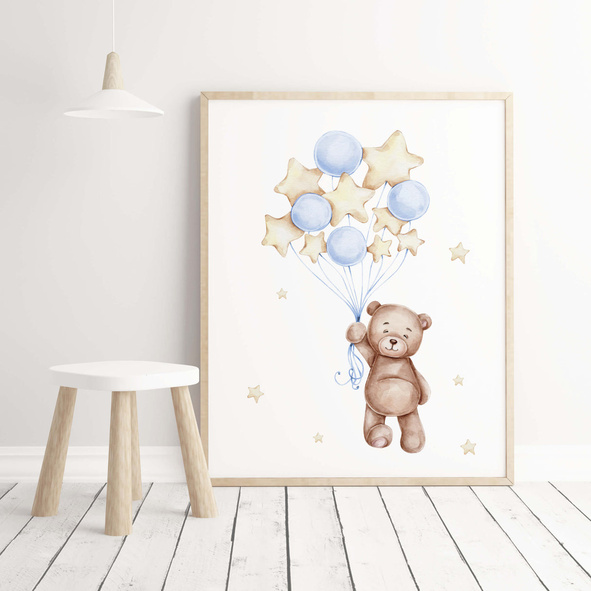 Watercolor teddy bear with balloon printable in light blue, brown, yellow colors for toddler room decor,  gender neutral room decor, baby boys room decor.