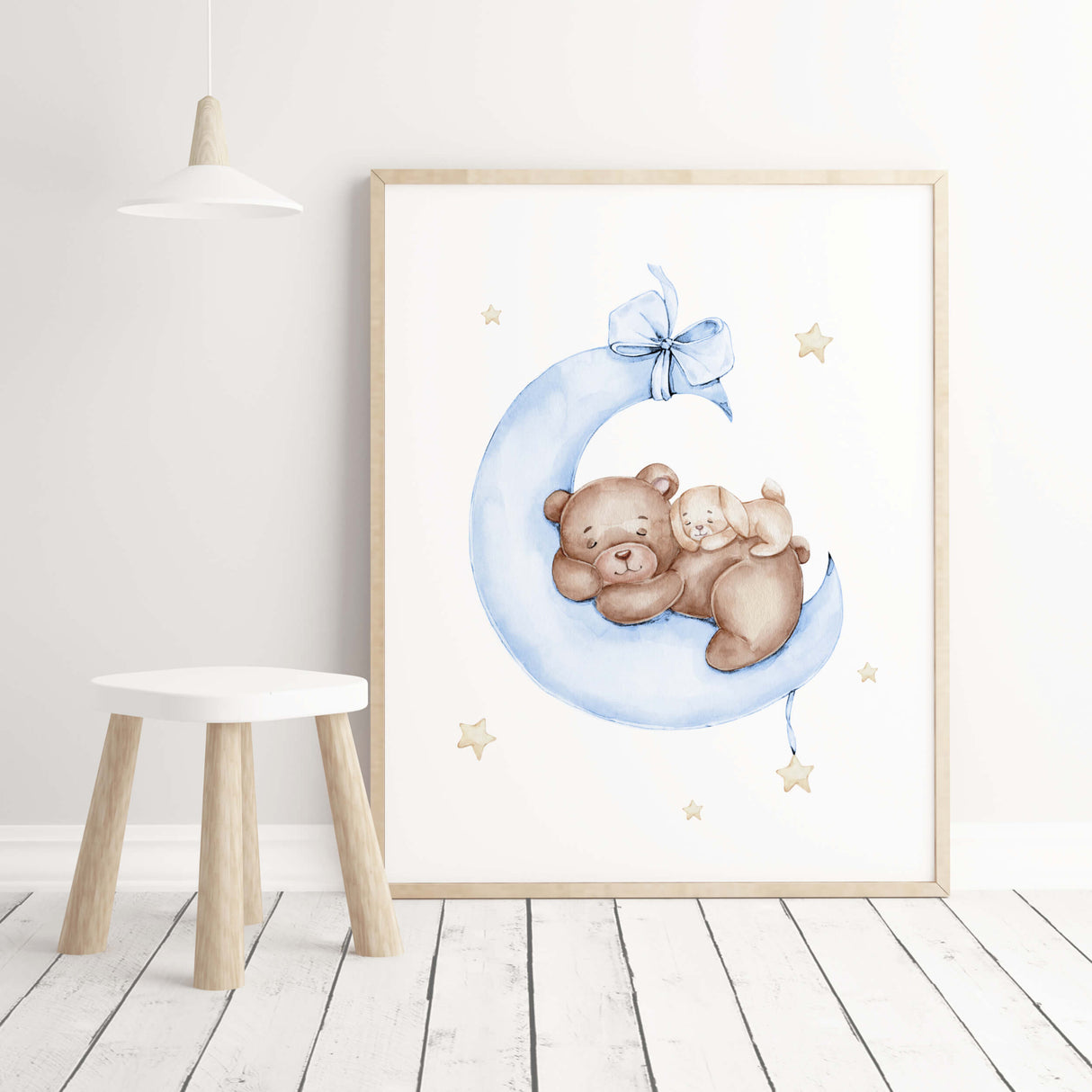 Watercolor teddy bear with bunny on the moon print in light blue, brown, yellow colors for toddler room decor,  gender neutral room decor, baby boys room decor.