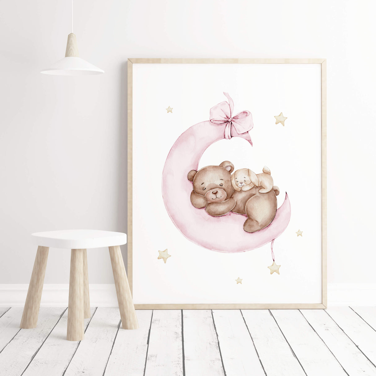 Watercolor teddy bear with bunny on the moon print in light pink, brown and yellow colors for pastel baby girls room decor and white nursery decor.