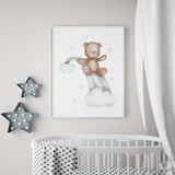 Watercolor teddy bear on the slide print in gray, brown, yellow colors for gender neutral nursery decor, baby girls room decor, toddler room decor, baby boys room decor.