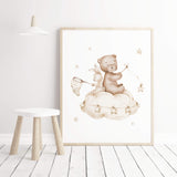 Watercolor beige teddy bear with bunny print on the cloud for gender neutral nursery decor and white beige nursery decor.