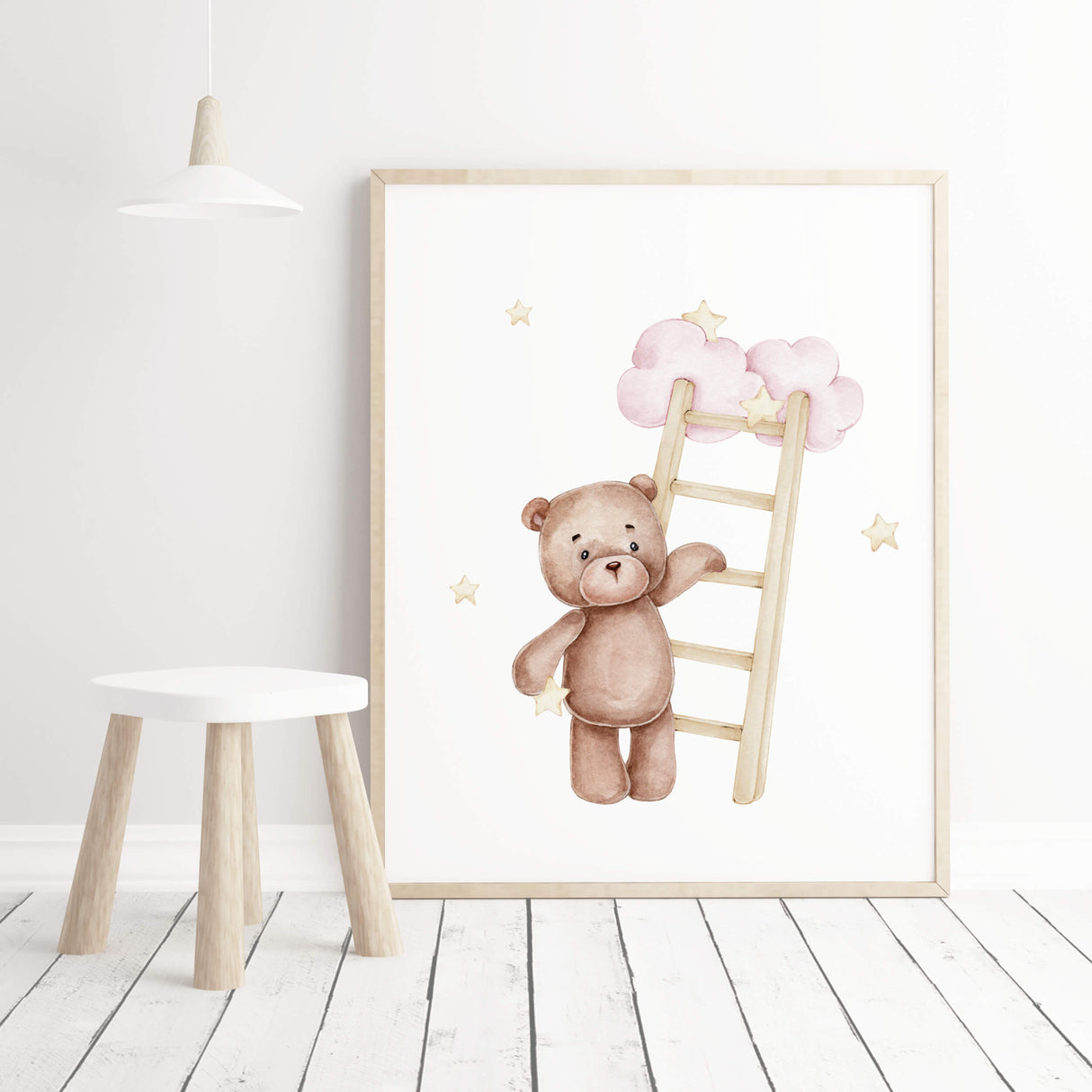 Watercolor teddy bear with ladder print in pink, brown, yellow colors for baby girls room decor and white nursery decor.