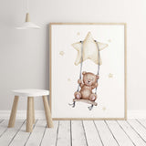 Watercolor teddy bear on the swing print in gray, brown, yellow colors for gender neutral nursery decor, baby girls room decor, toddler room decor, baby boys room decor.