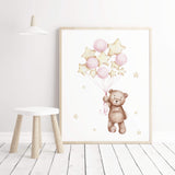 Watercolor teddy bear with balloon print in pink, brown, yellow colors for baby girls room decor and white nursery decor.