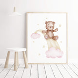 Watercolor teddy bear on slide print in pink, brown, yellow colors for baby girls room decor and white nursery decor.