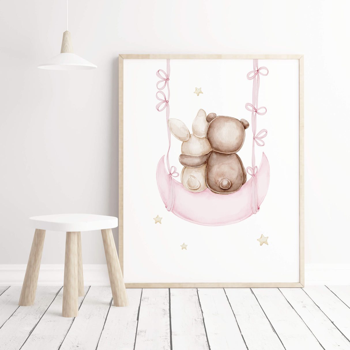 Watercolor teddy bear with bunny on the moon print in light pink, brown and yellow colors for pastel baby girls room decor and white nursery decor.