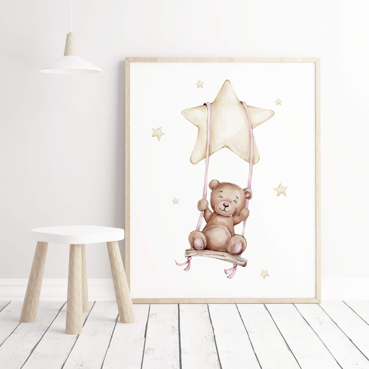 Watercolor teddy bear on slide poster in pink, brown, yellow colors for baby girls room decor and white nursery decor.