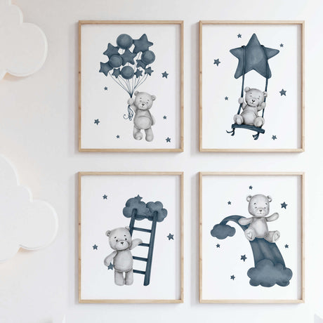 Watercolor teddy bear printable with balloon, stars, rainbow in "panel dark blue" and gray colors for baby boys room decor, toddler room decor.