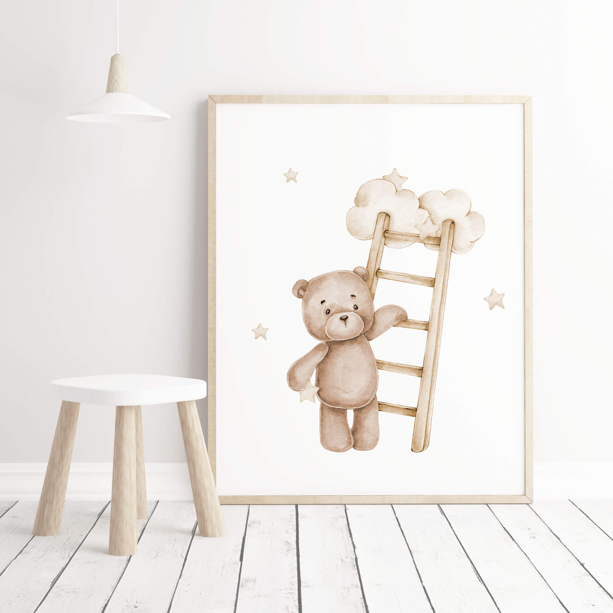 Watercolor teddy bear 
on a ladder in beige and brown colors for gender neutral nursery ideas, decor, girls room decor, toddler room decor.