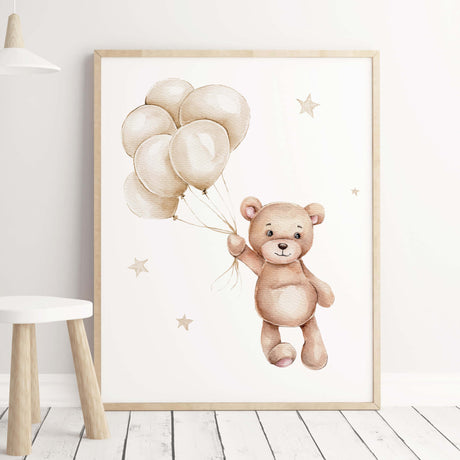 Beige teddy bear with ballon print for neutral nursery decor.