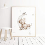 Watercolor teddy bear on the moon in light gray and beige color poster for gender neutral nursery decor.