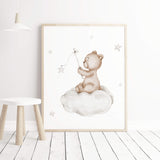 Watercolor teddy bear on the cloud in light gray and beige color poster for gender neutral nursery decor.