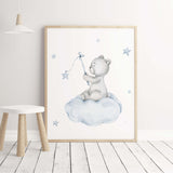 Watercolor teddy bear printable with light blue and gray colors for soft colors baby boys and toddler room decor.