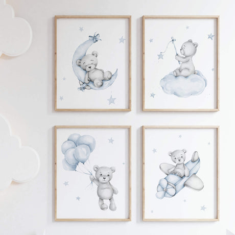 Set of 4 watercolor light blue and gray teddy bear print  for toddler and baby boys room decor.