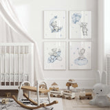 Set of 4 watercolor light blue and gray teddy bear poster for toddler and baby boys room decor.