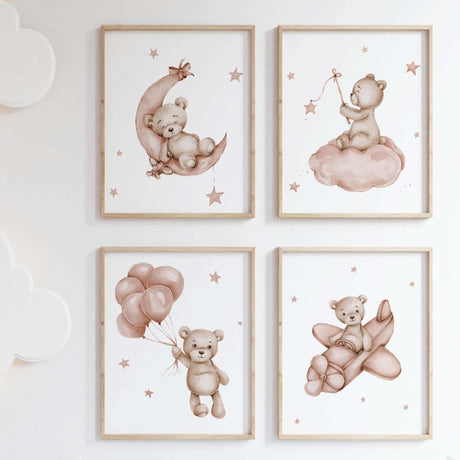 Set of 4 watercolor burgundy teddy print for gender neutral nursery decor.