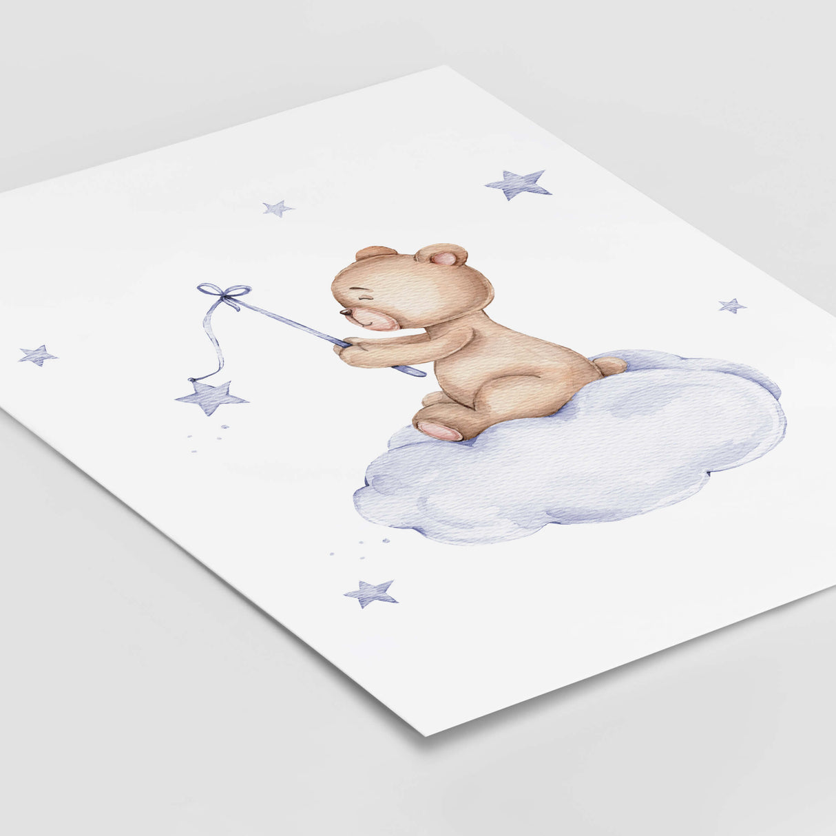 Watercolor teddy bear on the cloud print in sky blue and brown color for gender neutral nursery decor.