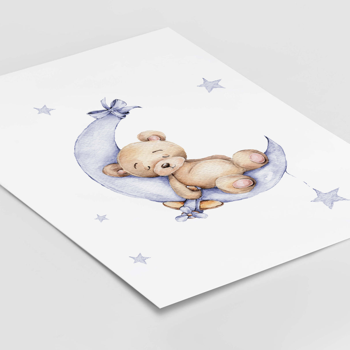 Watercolor teddy bear on the moon print in sky blue and brown color for gender neutral nursery decor.