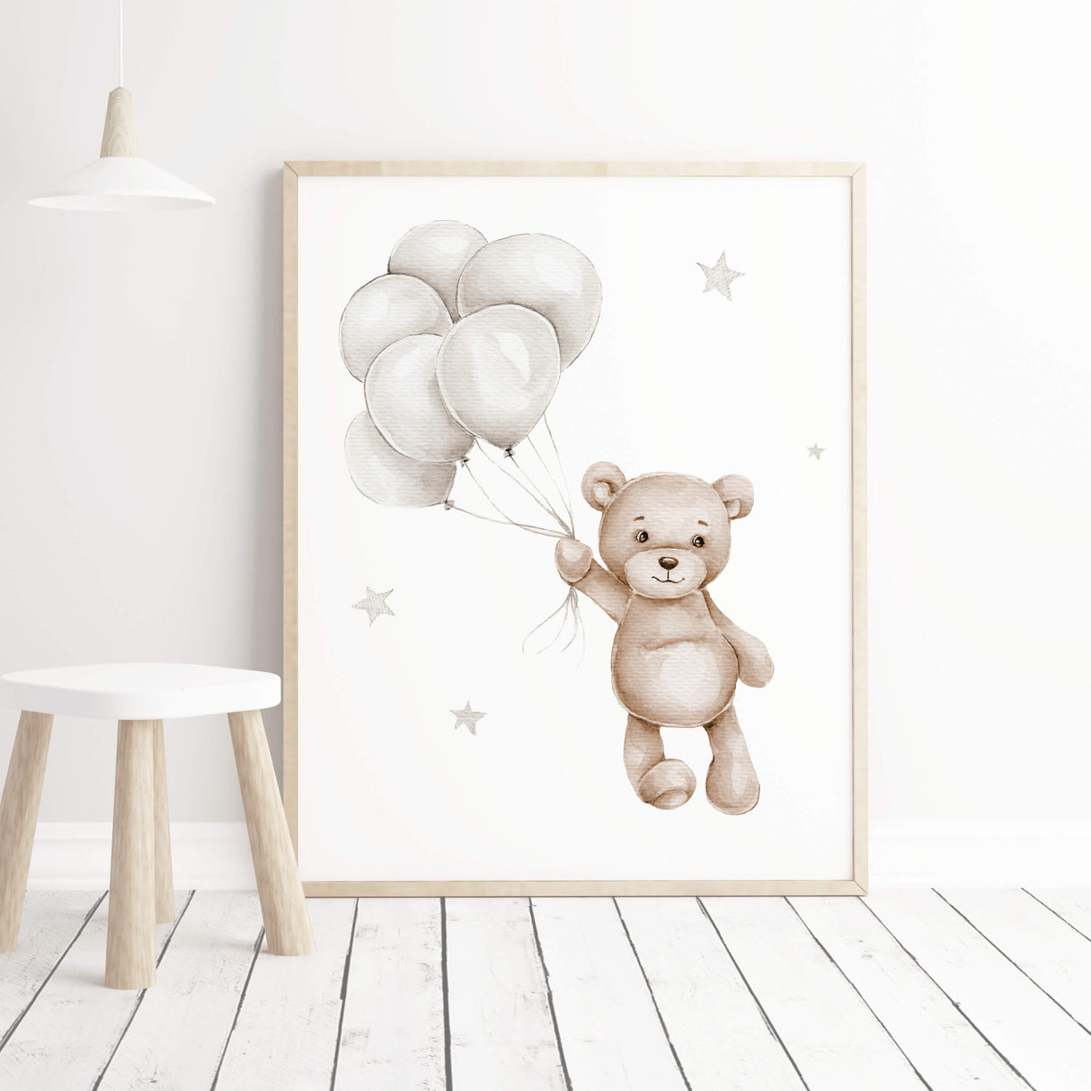 Watercolor teddy bear with balloon in light gray and beige color poster for gender neutral nursery decor.