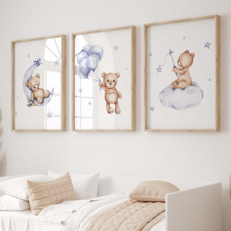 Set of  3 watercolor teddy bear in sky blue and brown color for gender neutral nursery ideas.