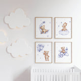 Set of  4 watercolor teddy bear in sky blue and brown color for gender neutral nursery ideas.