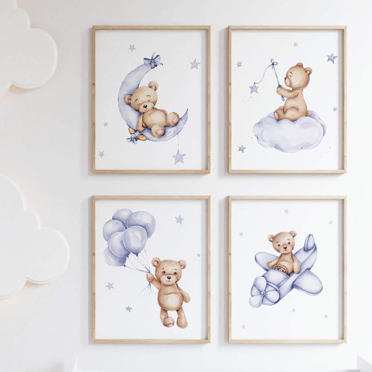 Set of  4 watercolor teddy bear in sky blue and brown color for gender neutral nursery wall decor.