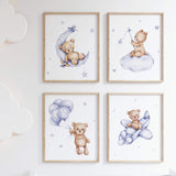 Set of  4 watercolor teddy bear in sky blue and brown color for gender neutral nursery wall decor.