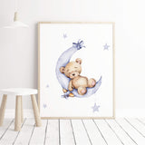 Watercolor teddy bear on the moon printable in sky blue and brown color for gender neutral nursery decor, baby girls room decor and toddler, boys room decor.