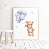 Watercolor teddy bear with balloon poster in sky blue and brown color for gender neutral nursery decor.