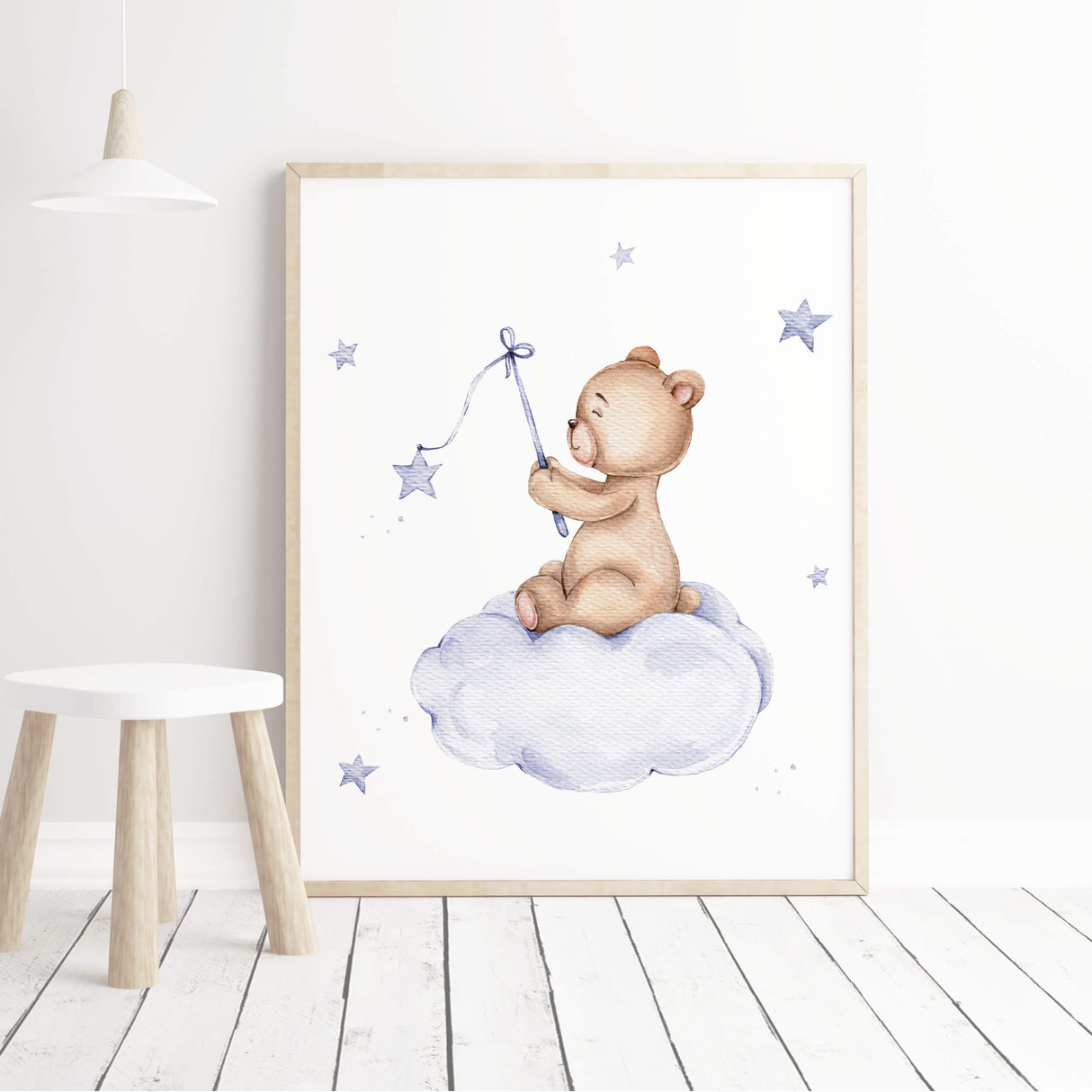 Watercolor teddy bear on the cloud printable in sky blue and brown color for gender neutral nursery decor.