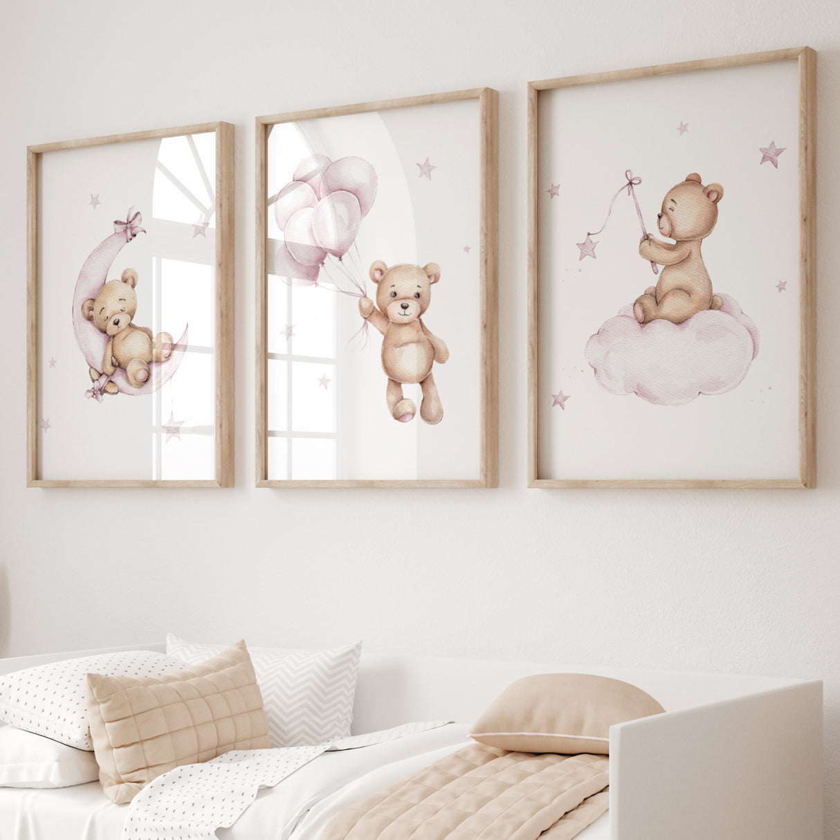 Set of 4 brown teddy bear with pink moon, balloon, cloud and stars printable for girls room decor.