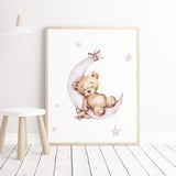 Watercolor teddy bear on the moon in pink color for pink white nursery decor.