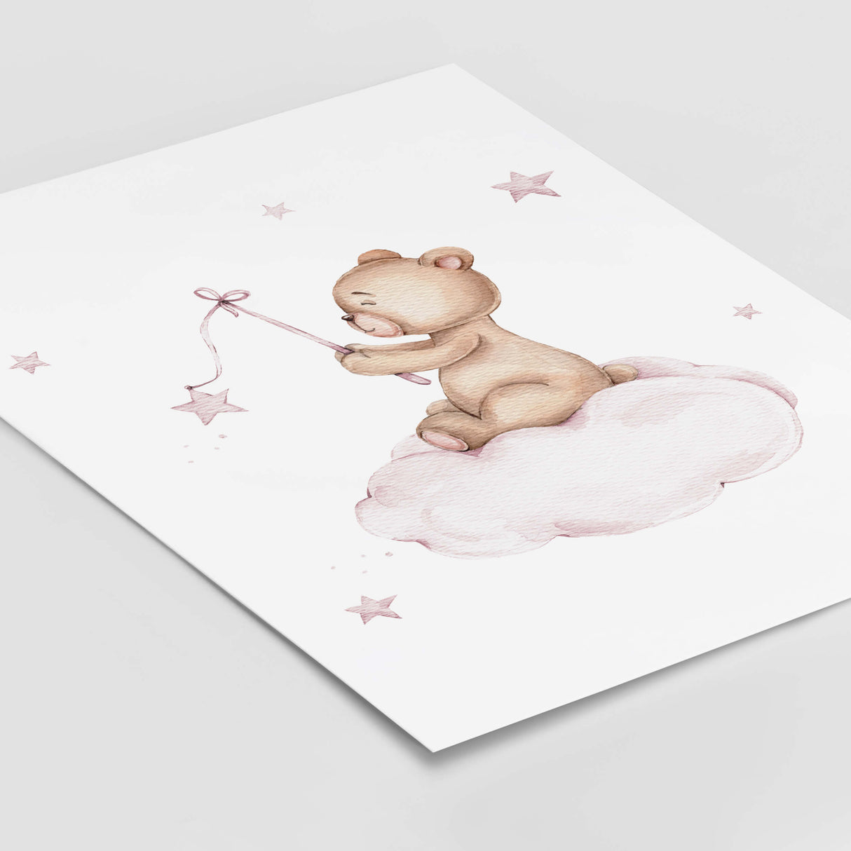 Watercolro teddy bear on the cloud in pink color poster for girls room decor.