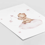 Watercolro teddy bear on the cloud in pink color poster for girls room decor.