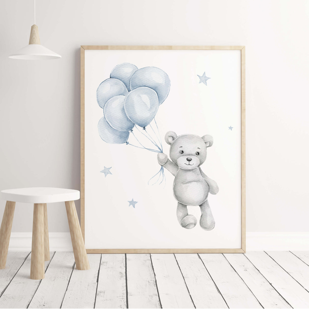 Watercolor teddy bear with balloon printable in light blue and gray colors for newborn boys room decor.