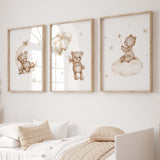 Set of 3 watercolor beige brown teddy print for gender neutral nursery decor and neutral nursery ideas.