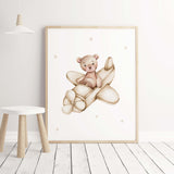 Beige teddy bear with airplane printble for gender neutral nursery decor.