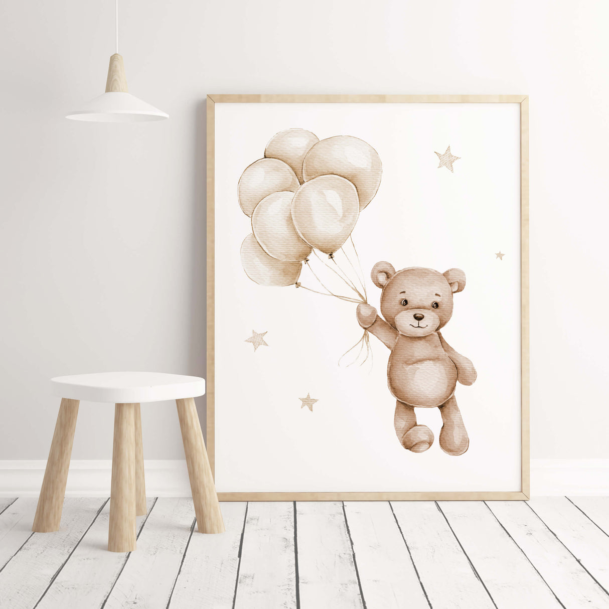 Watercolor beige brown teddy with balloon poster for white beige nursery decor.