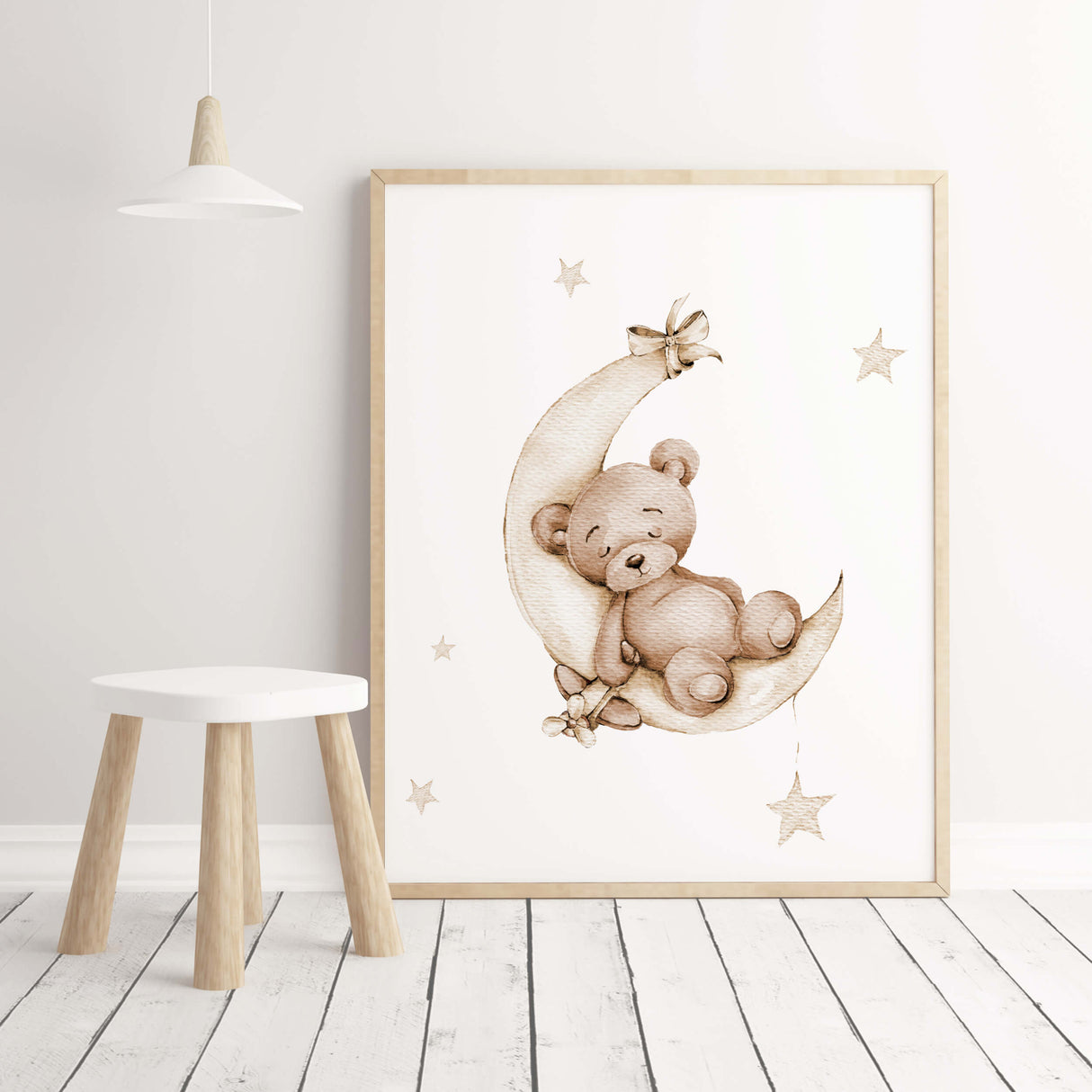 Watercolor beige brown teddy on the moon print for white beige nursery decor.