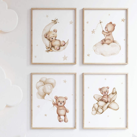 Set of 4 teddy bear with beige moon, clour, airplane and stars for neutral nursery decor.