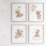 Set of 4 neutral teddy bear print in beige and brown colors for gender neutral pastel nursery decor.