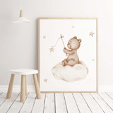 Watercolor beige brown teddy on the cloud print for boho gender neutral nursery decor.