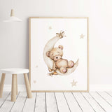 Brown beige teddy bear on the moon for gender-neutral nursery room decoration.